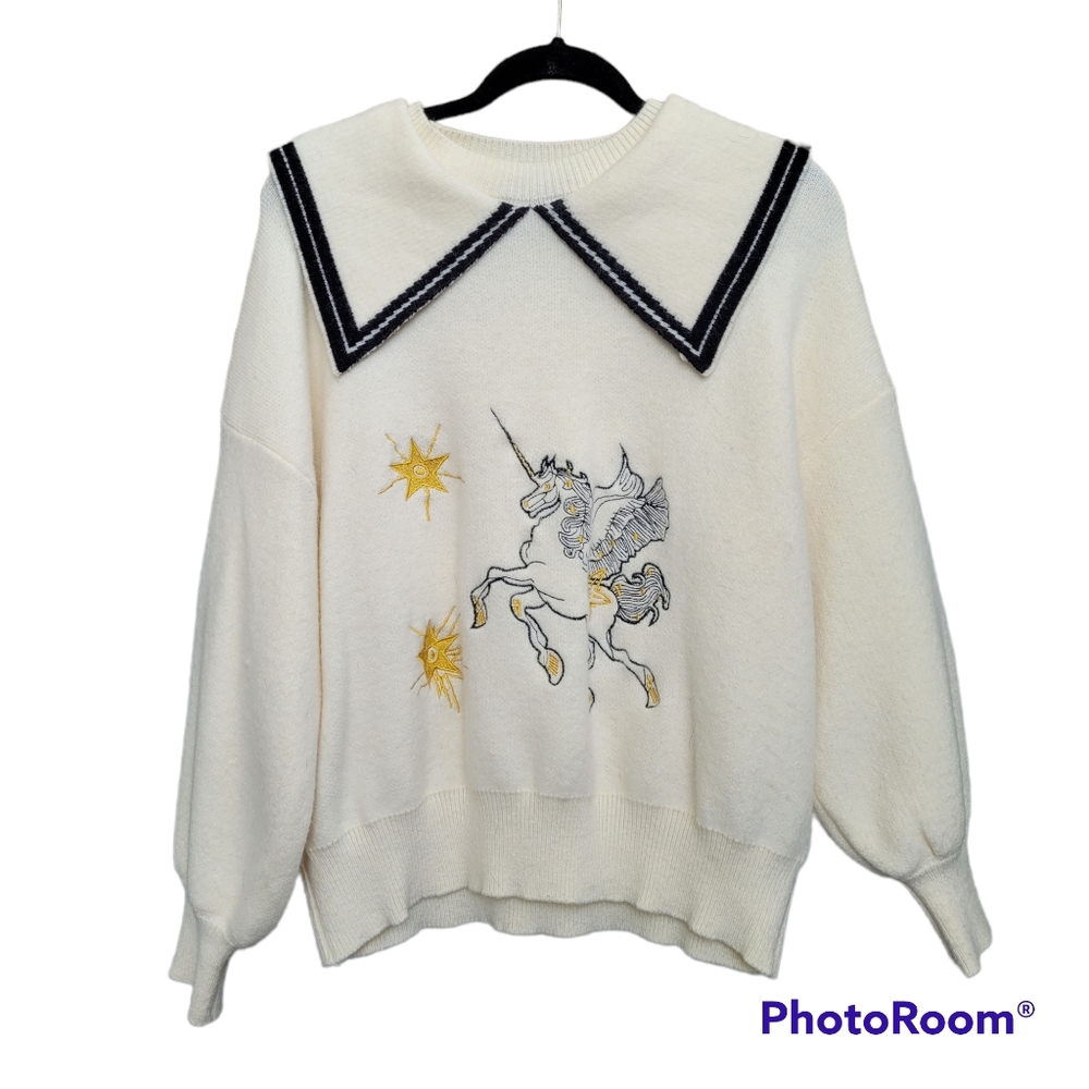 Embroidered Unicorn Soft Plush Cream Sweater